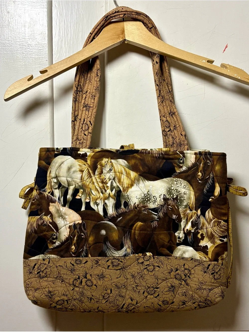 Vintage 90s Brown Tan Quilted Floral Horse Print Tote Shoulder Bag Purse